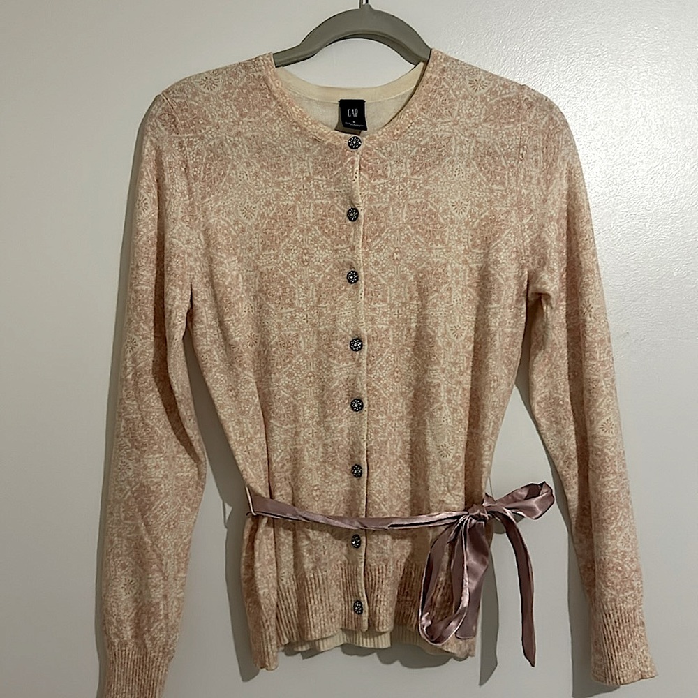 Gap Medium Cotton, Wool and Angora Rabbit Hair Blend Cardigan with Purple Sash